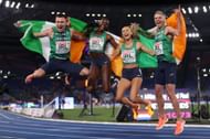 Christopher O'Donnell, Rhasidat Adeleke, Sharlene Mawdsley and Thomas Barr after winning in the 4x400 Metres Mixed Relay Final at European Athletics Championships Rome 2024. (Photo by Michael Steele/Getty Images)